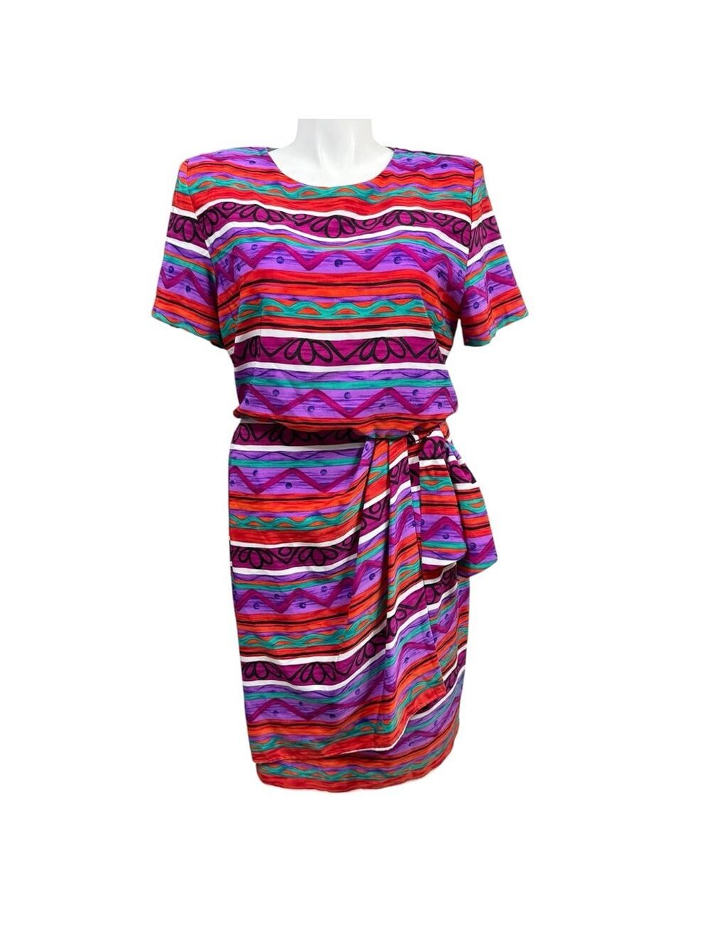 Vintage 80s J Stevens Women’s Dress 16 Bold Stripe Print Belted Midi USA Made